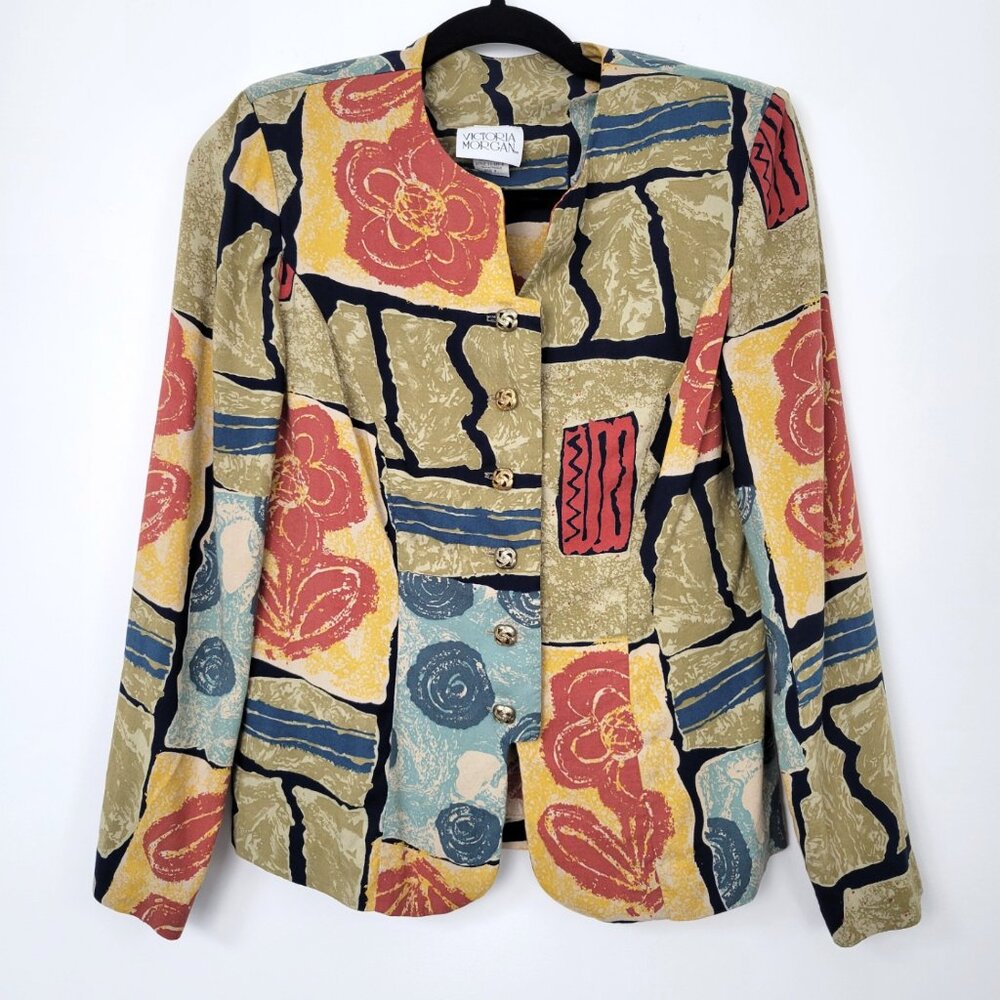 Vintage 80s Victoria Morgan Abstract Print Shirt Jacket Blouse Made in USA